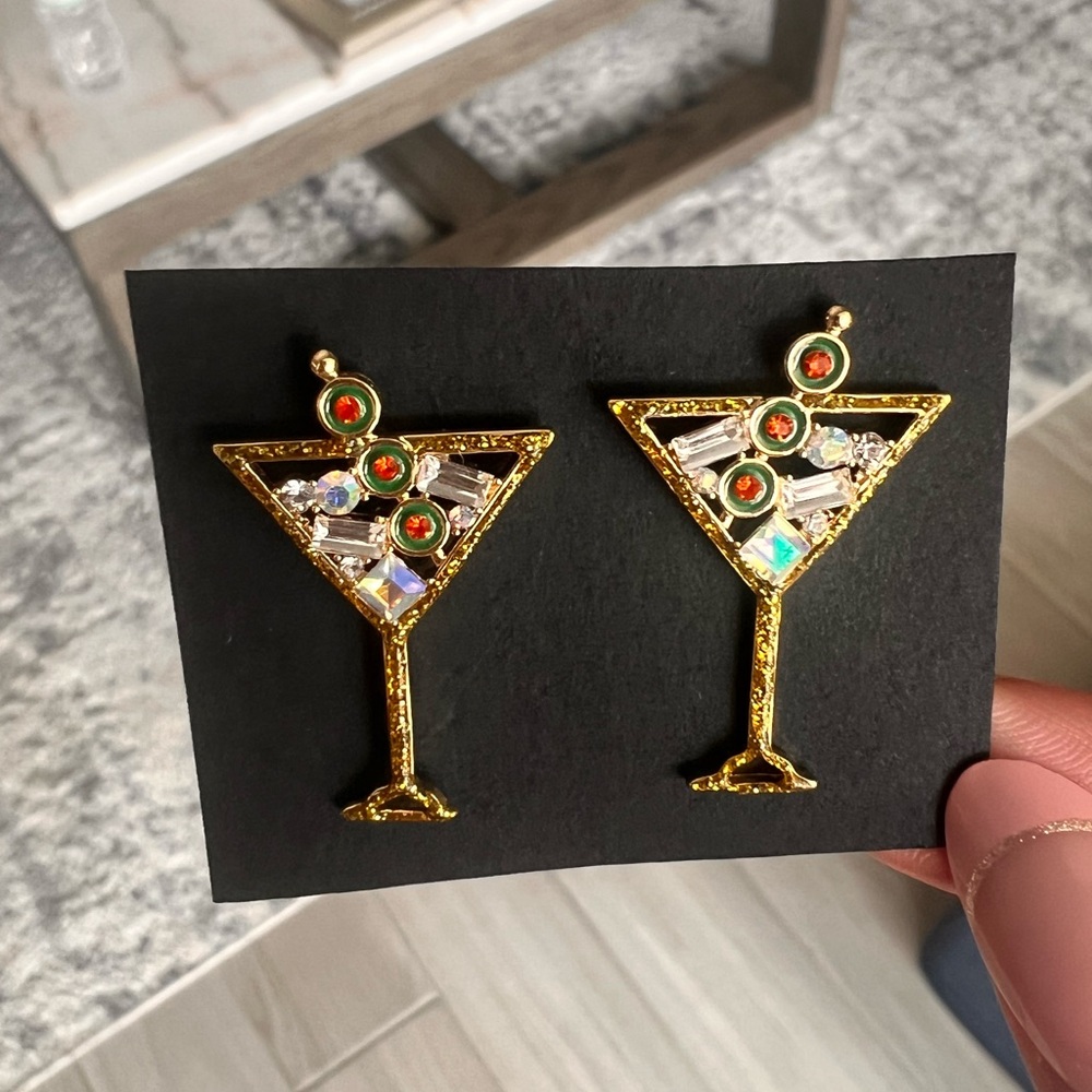 Martini Glass Post Earrings with Crystals, Glass in Gold🍸✨NWOT - Picture 4 of 6